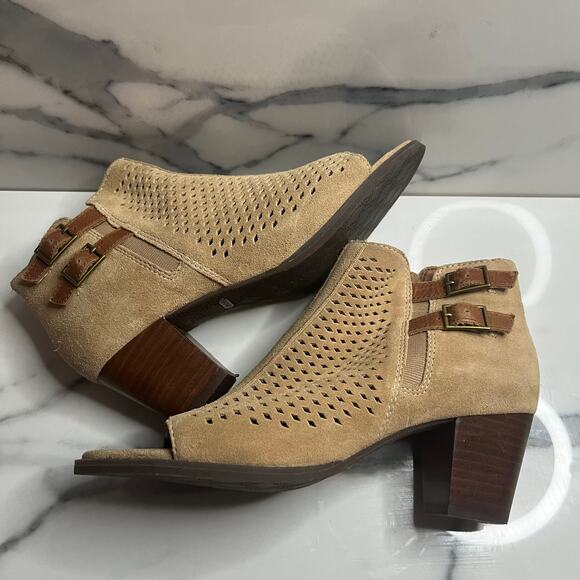 Vionic FLAW Women's Tan Suede Peep Toe Comfort Chunky Heel Chryssa Boots Sz 7.5 - Picture 8 of 9
